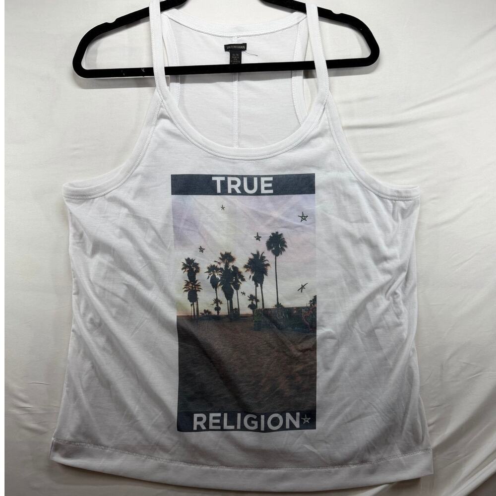 True Religion White Palm Tree Graphic Open Split-Back Tank Top - Women's XL